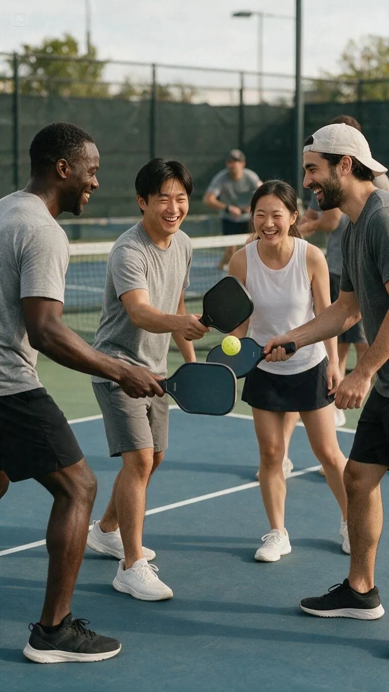 Doubles rally, sunny court, real players